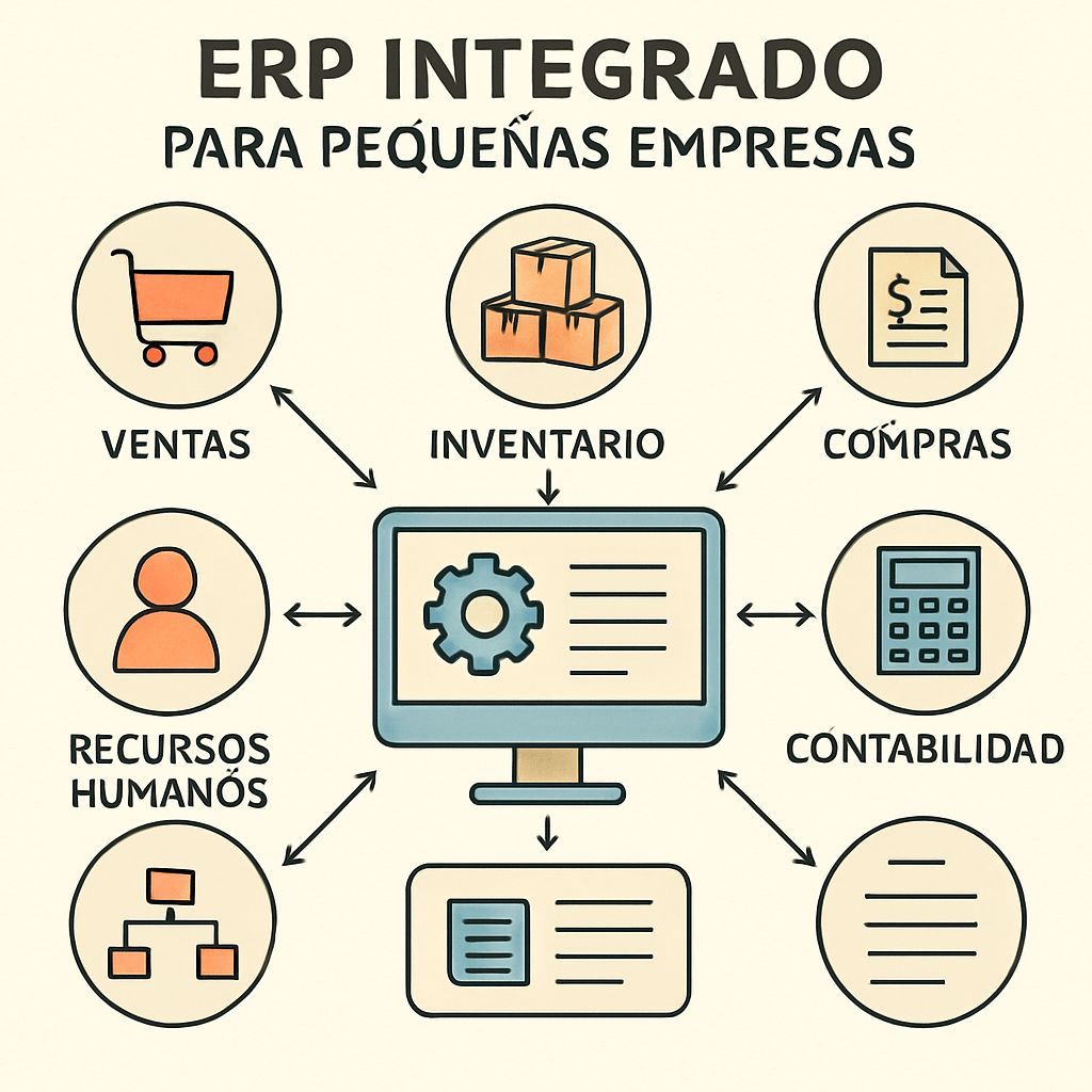 Diagrama ilustrativo de un sistema ERP integrado para pequeñas empresas